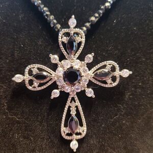 Black Spinel & White CZ Cross Pendant Spinel Beaded Necklace